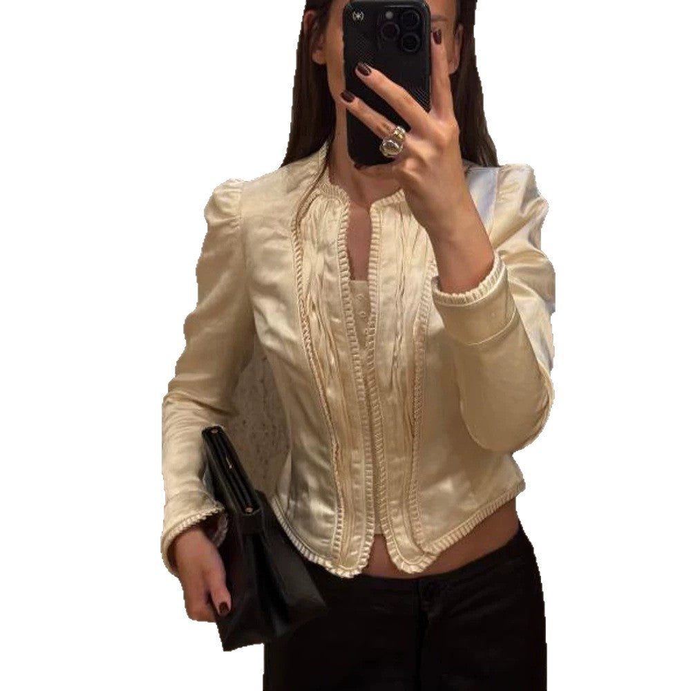 Women Tailored Cropped Blazer with Sculpted Shoulder and Decorative Trimmings Mune Fashion