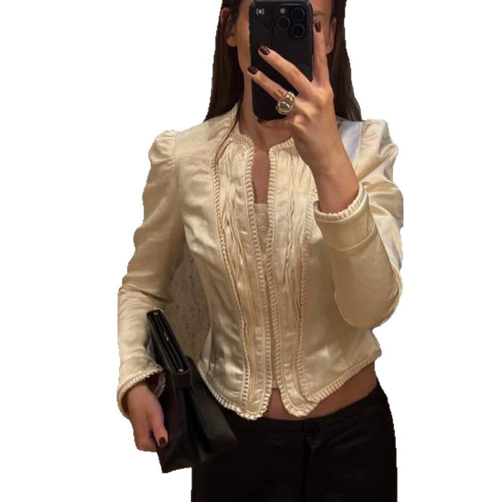 Women Tailored Cropped Blazer with Sculpted Shoulder and Decorative Trimmings Mune Fashion