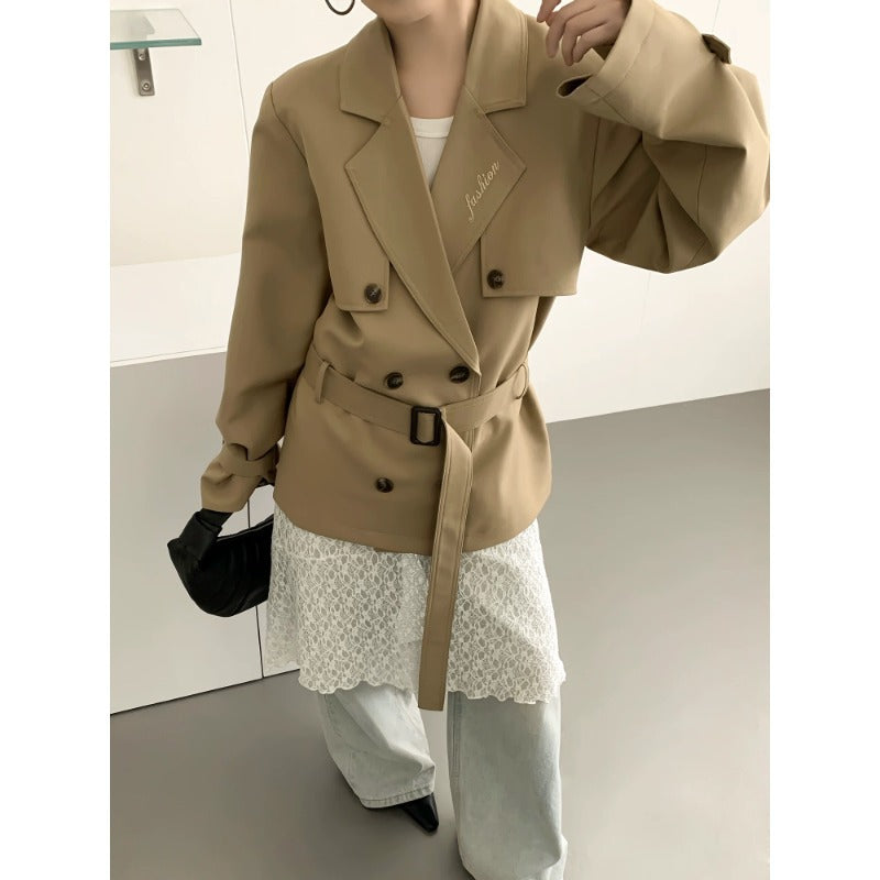 Women's short trench coat with figure-flattering tie belt and voluminous balloon sleeves Mune Fashion