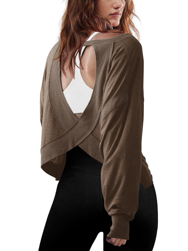 Women's cropped sweatshirt with crossover cut-out back and raw hem edges Mune Fashion