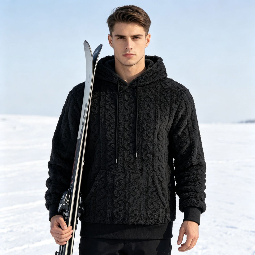 Men's Sherpa Hoodie with Cable Knit Pattern, Kangaroo Pocket and Ribbed Cuffs Mune Fashion