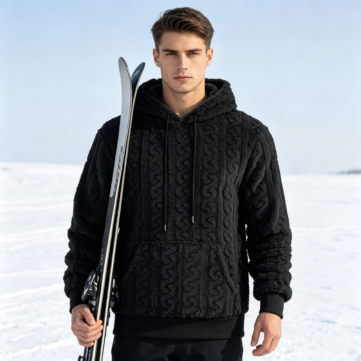 Men's Sherpa Hoodie with Cable Knit Pattern, Kangaroo Pocket and Ribbed Cuffs Mune Fashion
