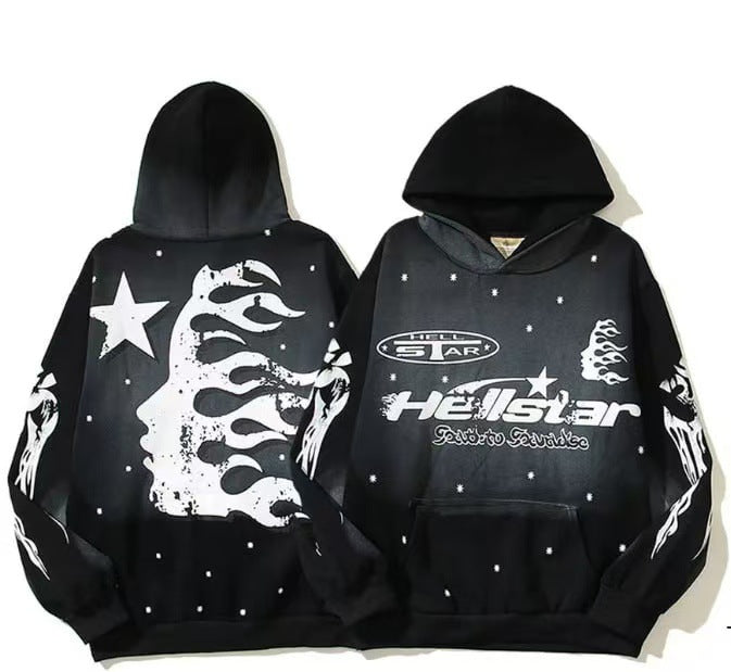 Unisex oversized hoodie with large flame and star print as well as kangaroo pocket Mune Fashion