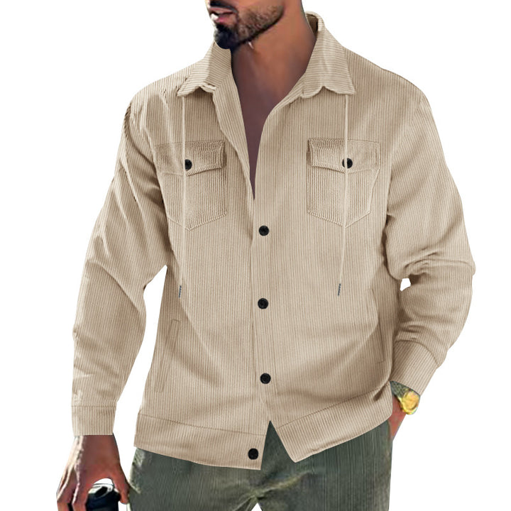 Men's cord jacket with stand-up collar, drawstring, continuous button placket, and applied chest flaps Mune Fashion