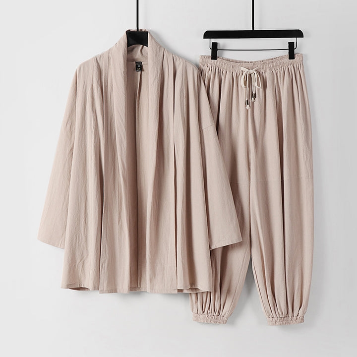 Unisex Relaxed Kimono Two-Piece Set Made of Cotton Muslin with Shawl Collar Jacket and Gathered Ankle Pants Mune Fashion