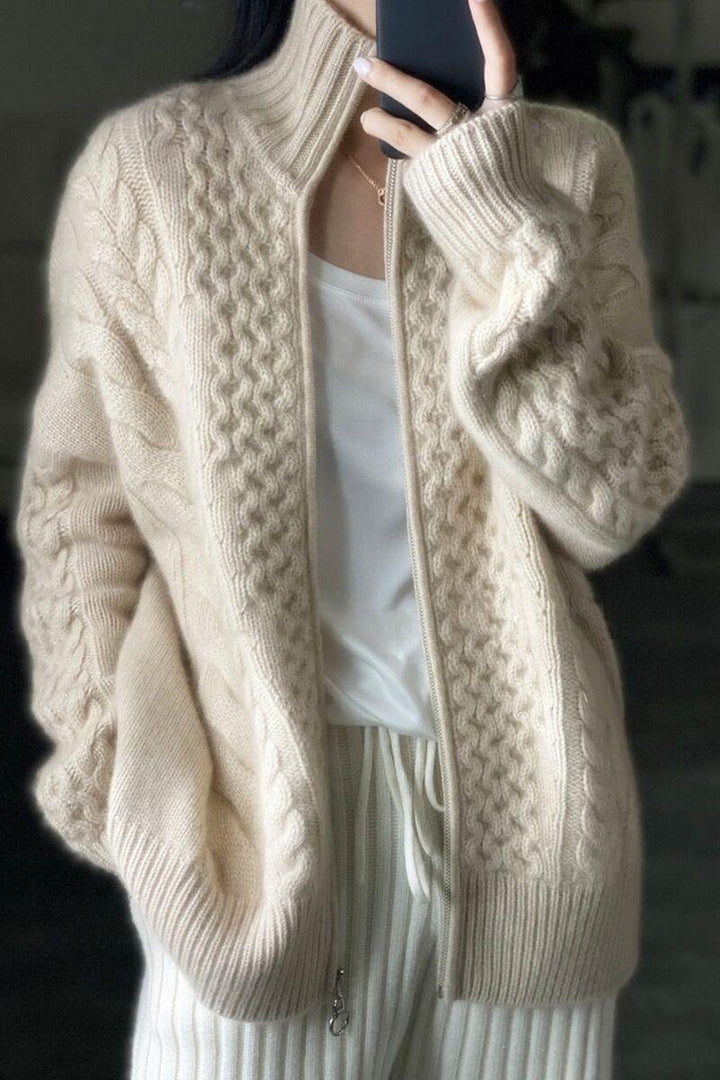 Women's cable knit cardigan with zipper and high ribbed collar Mune Fashion