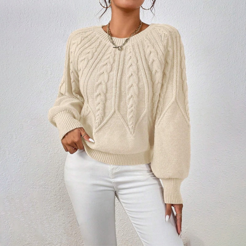 Women's short cable knit sweater with balloon sleeves and ribbed hem Mune Fashion