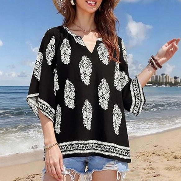Women's Loose Beach Tunic Top with V-Neck and Boho Print Mune Fashion