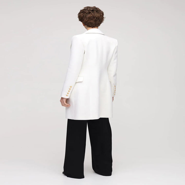 Women Narrow Cut Double-Breasted Wool Blend Long Coat with Distinctive Shoulder and Golden Decorative Round Buttons Mune Fashion