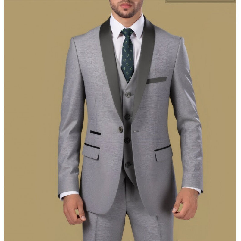 Men's Tailored Three-Piece Tuxedo with Shawl Collar and Satin Lapel Mune Fashion