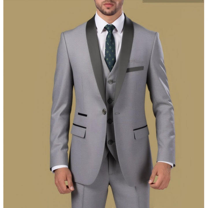 Men's Tailored Three-Piece Tuxedo with Shawl Collar and Satin Lapel Mune Fashion