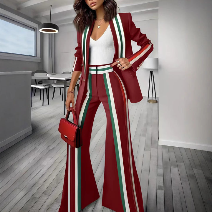 Ladies Elegant Blazer-Pants Set with Side Contrast Stripes and Wide Flare Mune Fashion