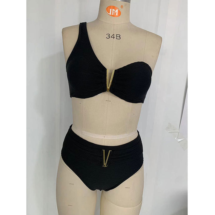 Women's High-Cut Bikini Set with Asymmetric Top and Golden Accents Mune Fashion