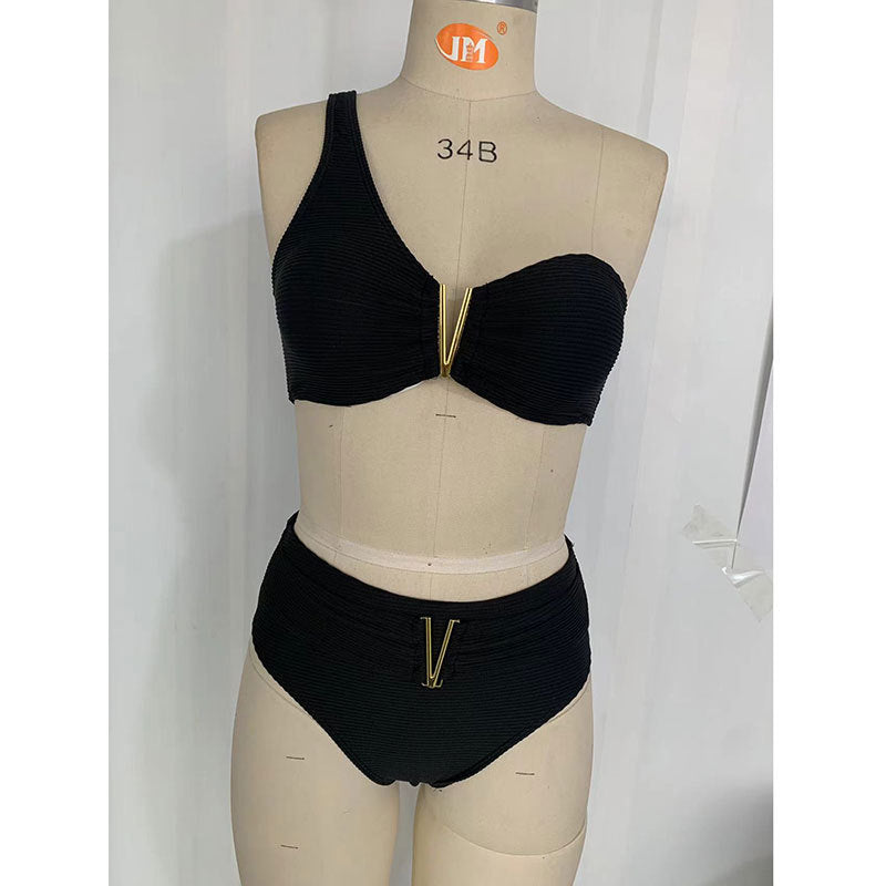 Women's High-Cut Bikini Set with Asymmetric Top and Golden Accents Mune Fashion