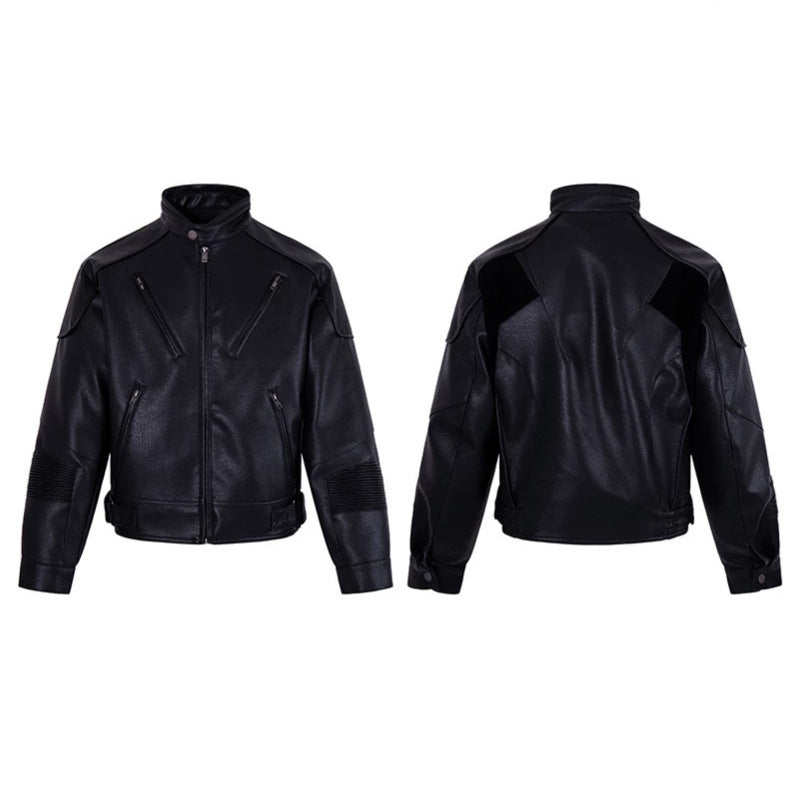 Men's biker jacket made of faux leather with stand-up collar, zipper pockets, and quilted elbow area Mune Fashion