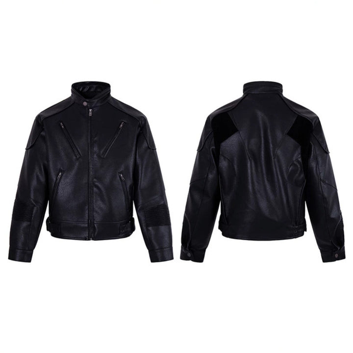 Men's biker jacket made of faux leather with stand-up collar, zipper pockets, and quilted elbow area Mune Fashion