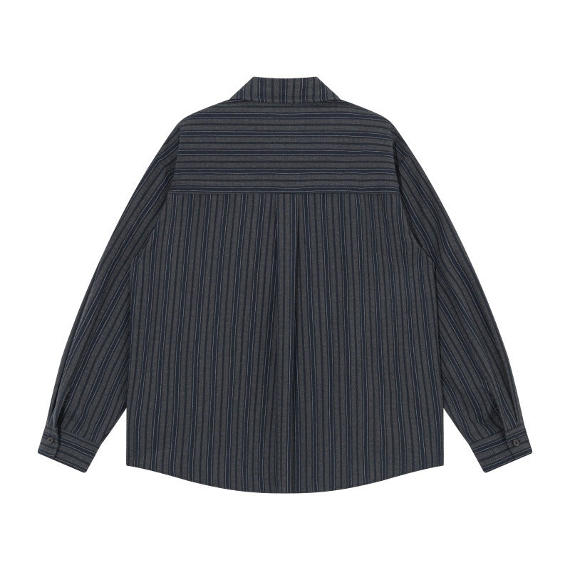 Men's oversized shirt jacket with vertical stripes, patch chest pockets, and rounded hem Mune Fashion