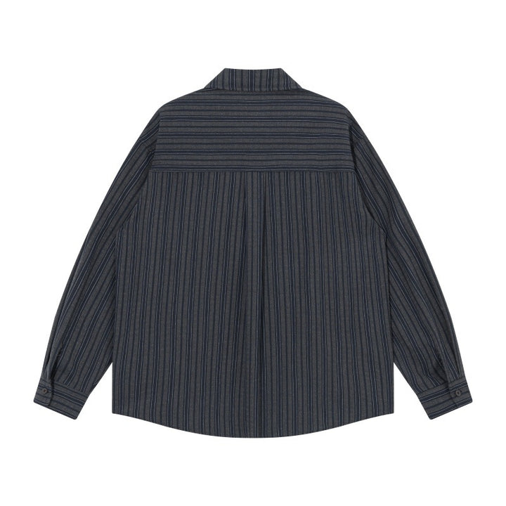 Men's oversized shirt jacket with vertical stripes, patch chest pockets, and rounded hem Mune Fashion