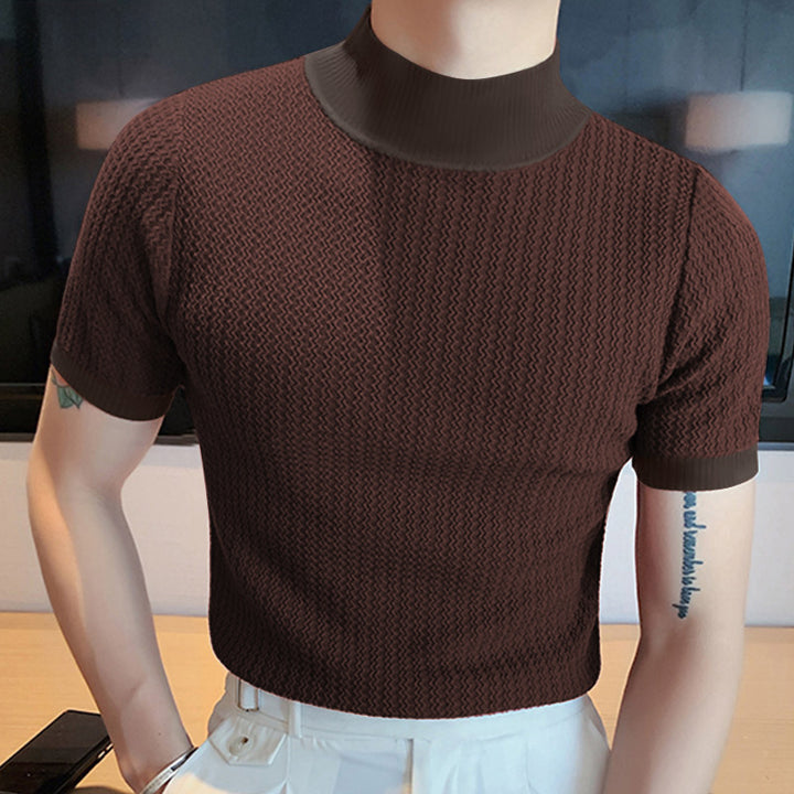 Men's short sleeve fine knit shirt with stand-up collar Mune Fashion