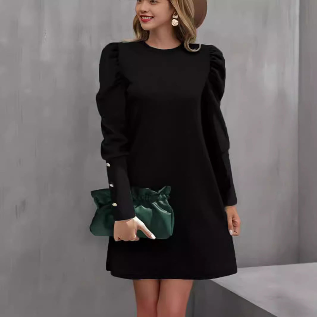 Ladies elegant A-line mini dress with gathered puff sleeves and decorative cufflinks Mune Fashion