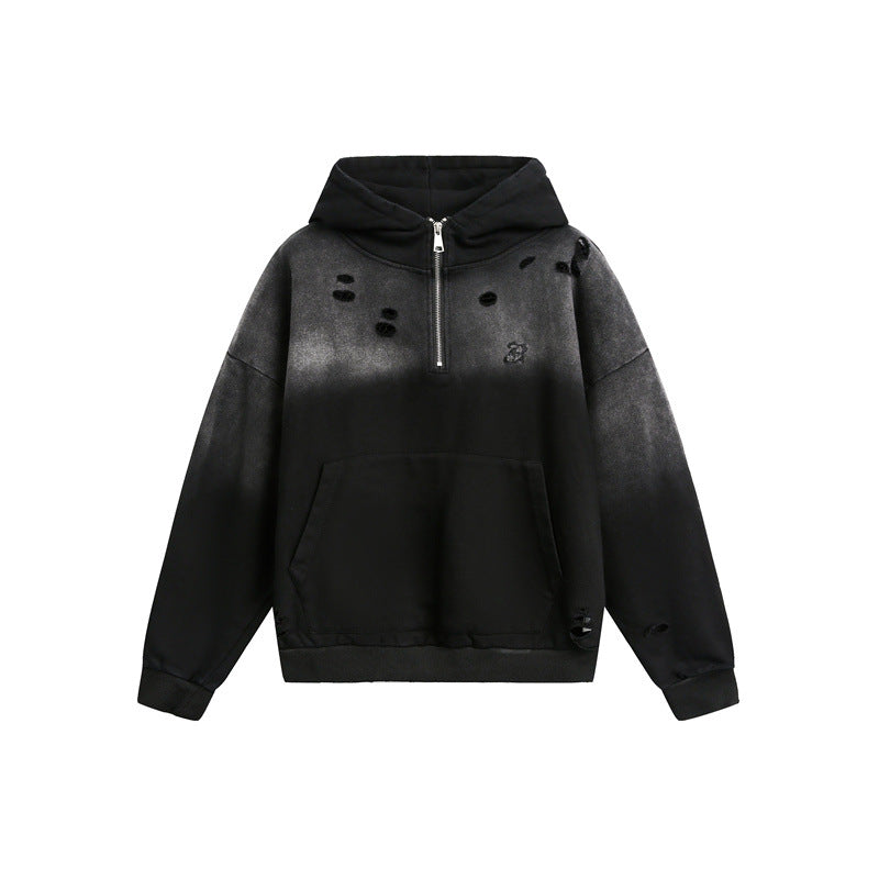 Unisex Oversize Hoodie with Half Zipper, Distressed Details and Kangaroo Pocket Mune Fashion