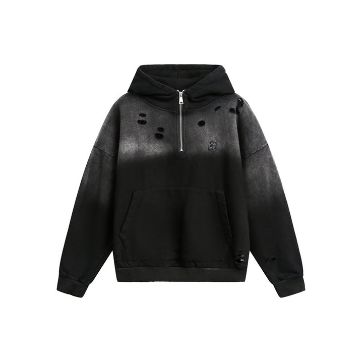 Unisex Oversize Hoodie with Half Zipper, Distressed Details and Kangaroo Pocket Mune Fashion