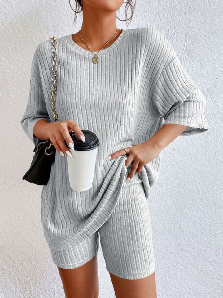 Women’s Casual Ribbed Knit Lounge Set with Oversized Short Sleeve Top and High Waist Biker Shorts Mune Fashion