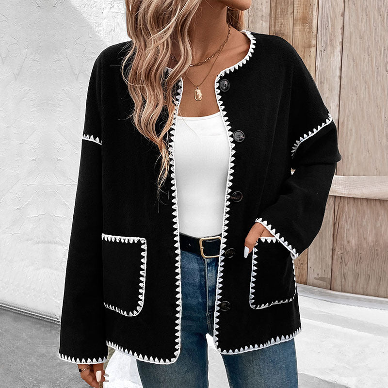 Women's Casual Cardigan with Contrast Stitching Mune Fashion