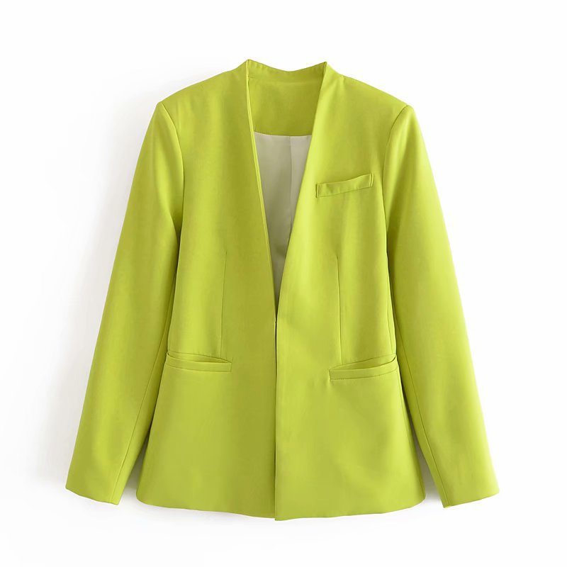 Women Tailored Blazer without Lapels with Open Front and Welt Pockets Mune Fashion