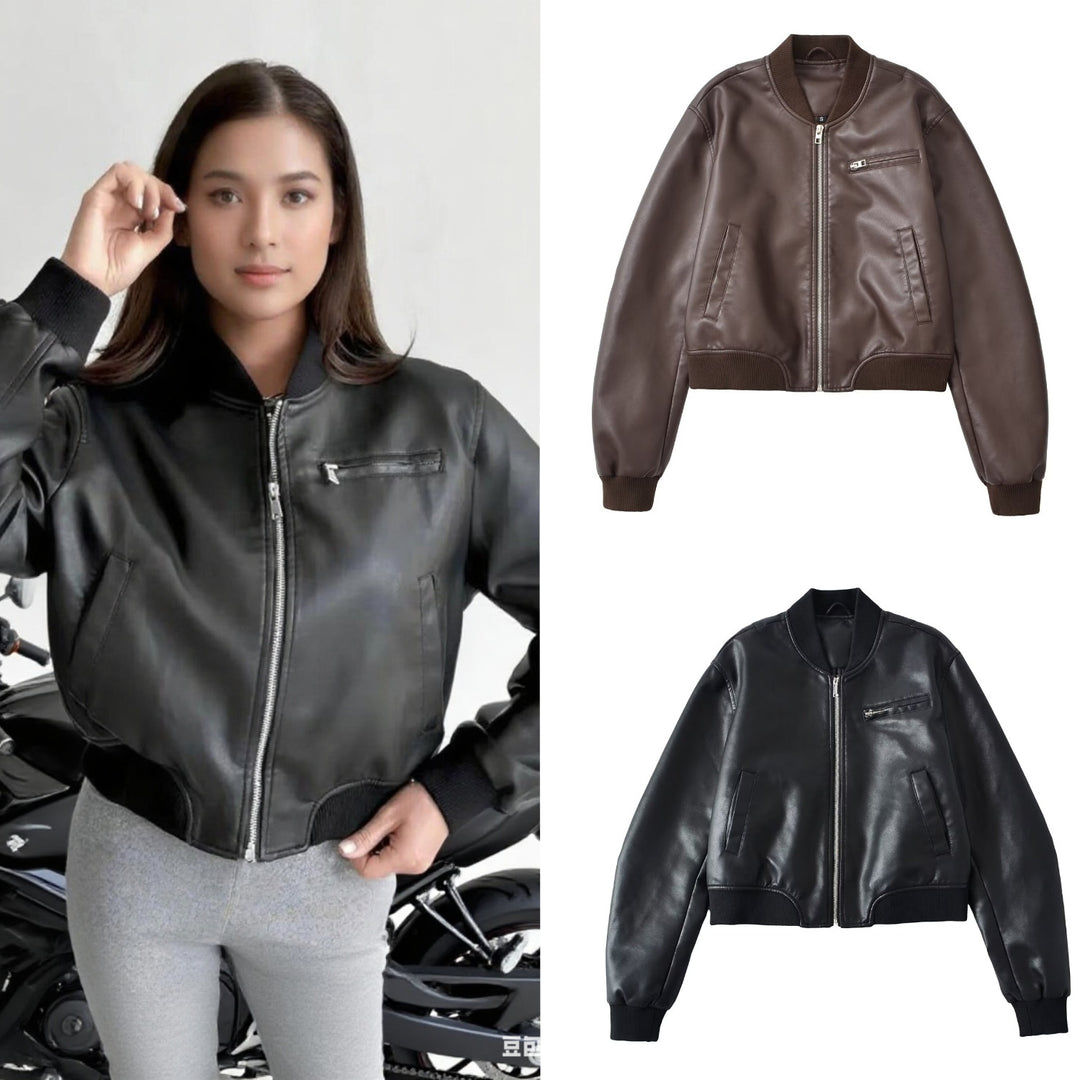 Women Short Leather Look Bomber Jacket with Ribbed Cuffs and Chest Zipper Pocket Mune Fashion