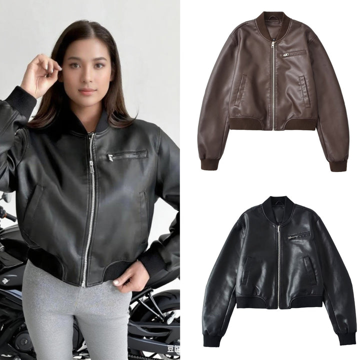 Women Short Leather Look Bomber Jacket with Ribbed Cuffs and Chest Zipper Pocket Mune Fashion