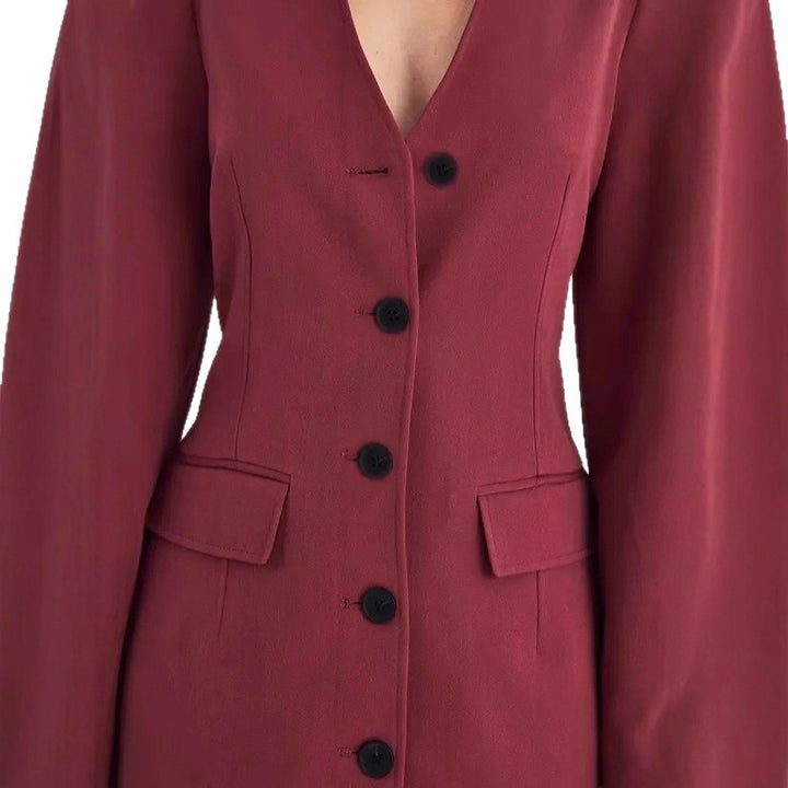 Women Tailored Blazer Mini Dress with Balloon Sleeves and Flap Pockets Drune