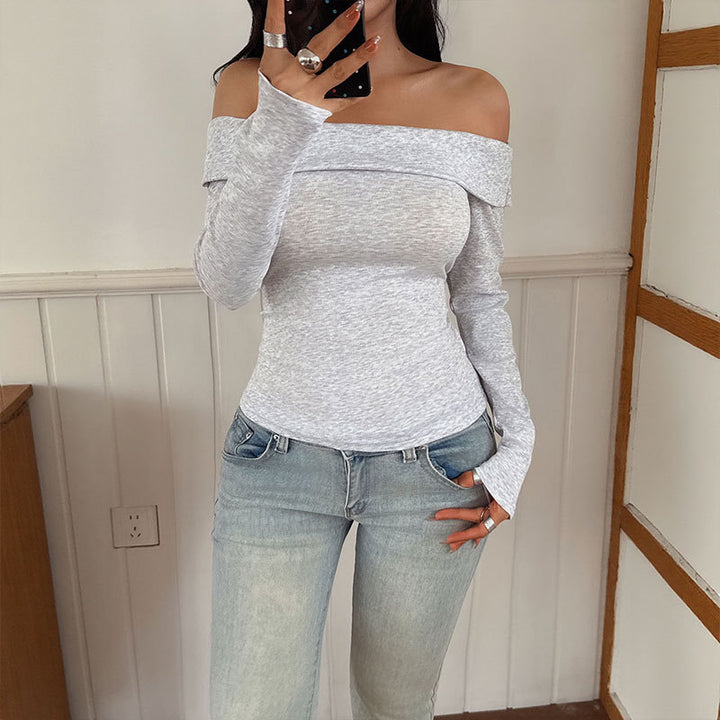 Ladies Off-Shoulder Long Sleeve Top with Fitted Cut and Fine Ribbed Knit Mune Fashion
