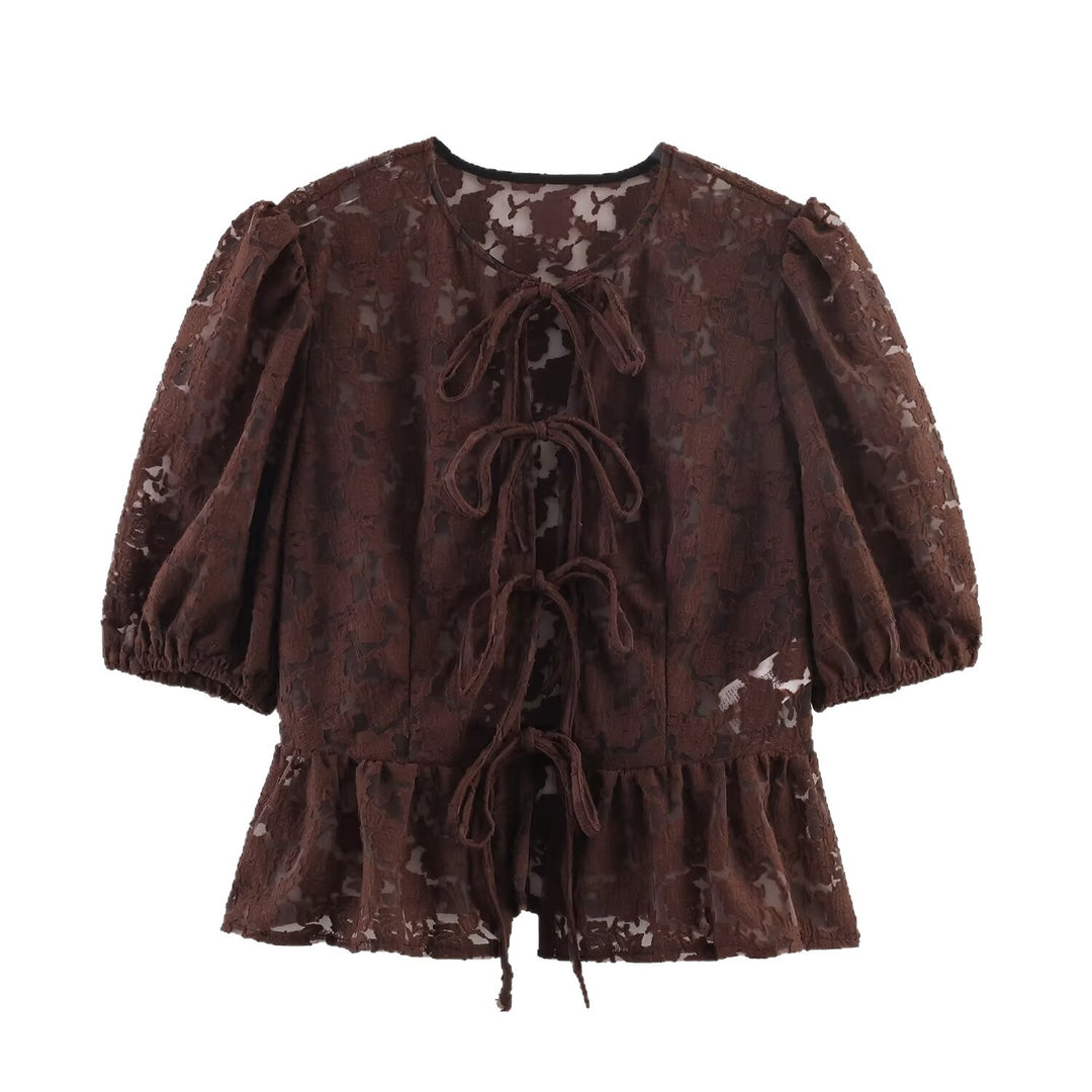 Ladies Transparent Lace Blouse with Front Ties and Ruffled Hem Mune Fashion