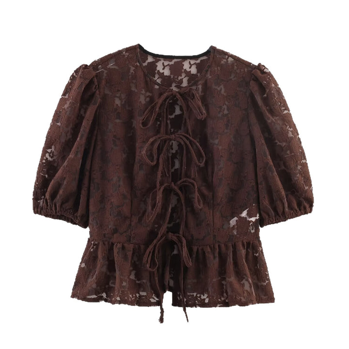 Ladies Transparent Lace Blouse with Front Ties and Ruffled Hem Mune Fashion