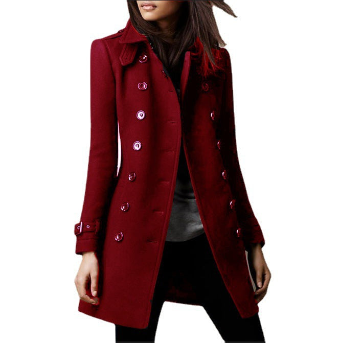 Women's Double-Breasted Wool Blend Trench Coat with Waist Belt Mune Fashion