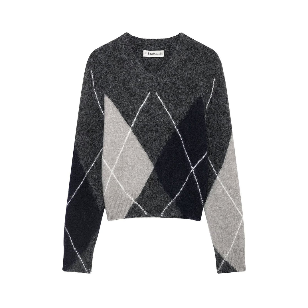 Women's argyle sweater made of wool blend with soft pile and boxy cropped silhouette Mune Fashion