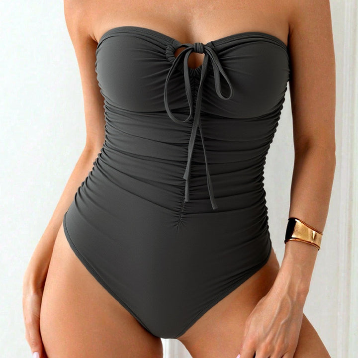 Women's Bandeau Swimsuit with Ruching and Fashionable Slit Mune Fashion