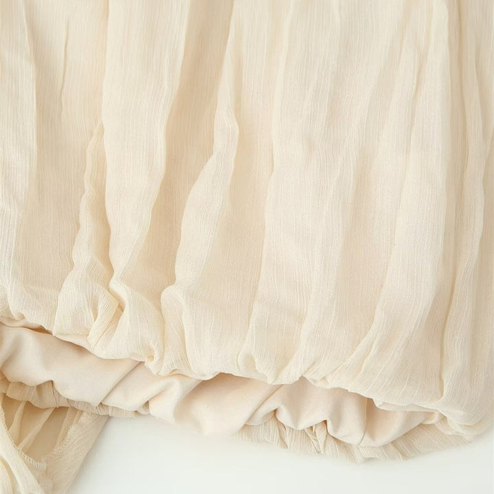 Women Transparent Pleated Chiffon Blouse with Neck Scarf Bow and Asymmetric Hem Mune Fashion