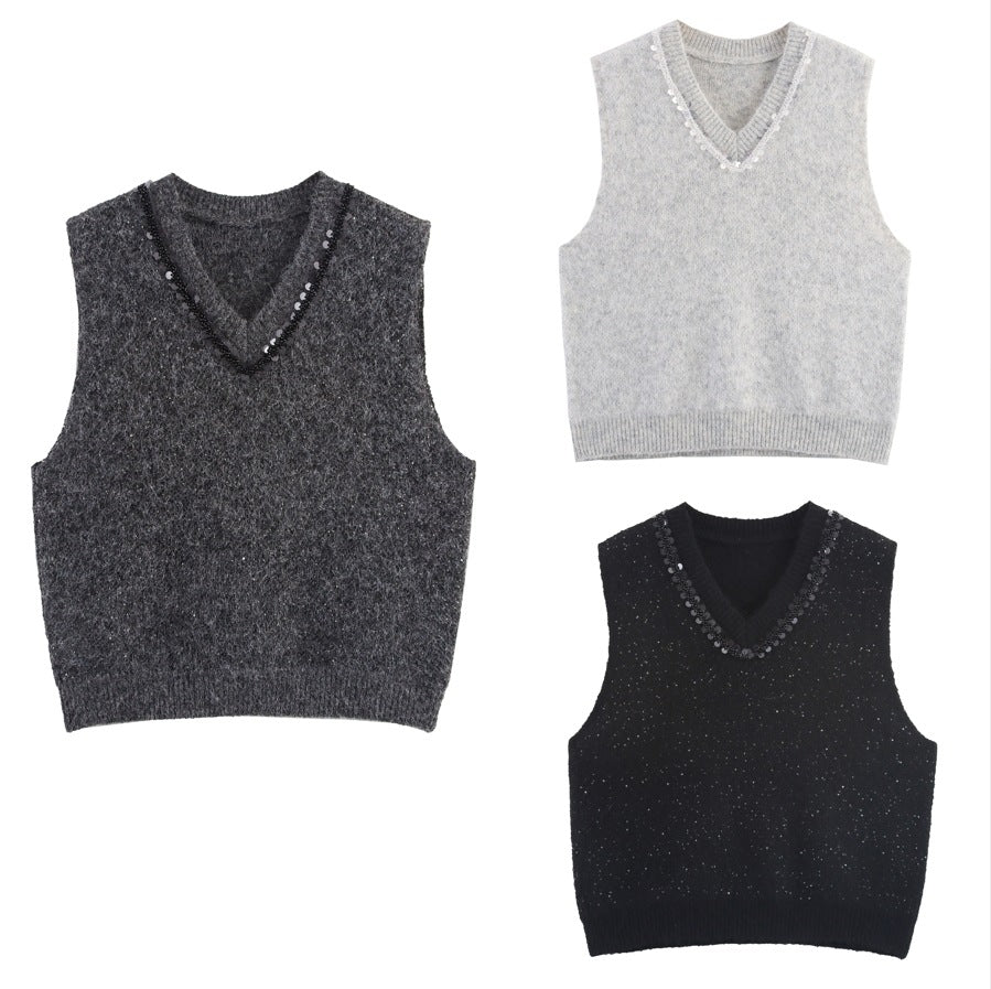 Women's Sleeveless Mohair-Look Knitted Vest with V-Neck and Decorative Sequins Mune Fashion