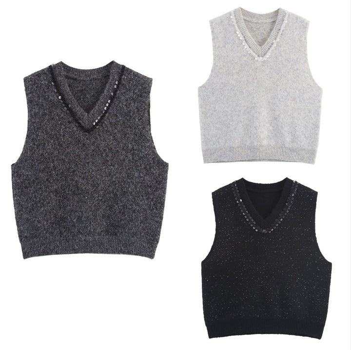 Women's Sleeveless Mohair-Look Knitted Vest with V-Neck and Decorative Sequins Mune Fashion