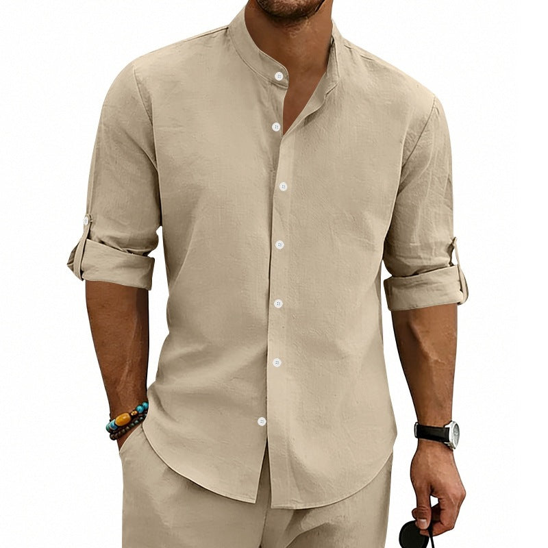 Men's Modern Linen Blend Shirt with Stand Collar, Roll-up Sleeves and Narrow Placket Mune Fashion