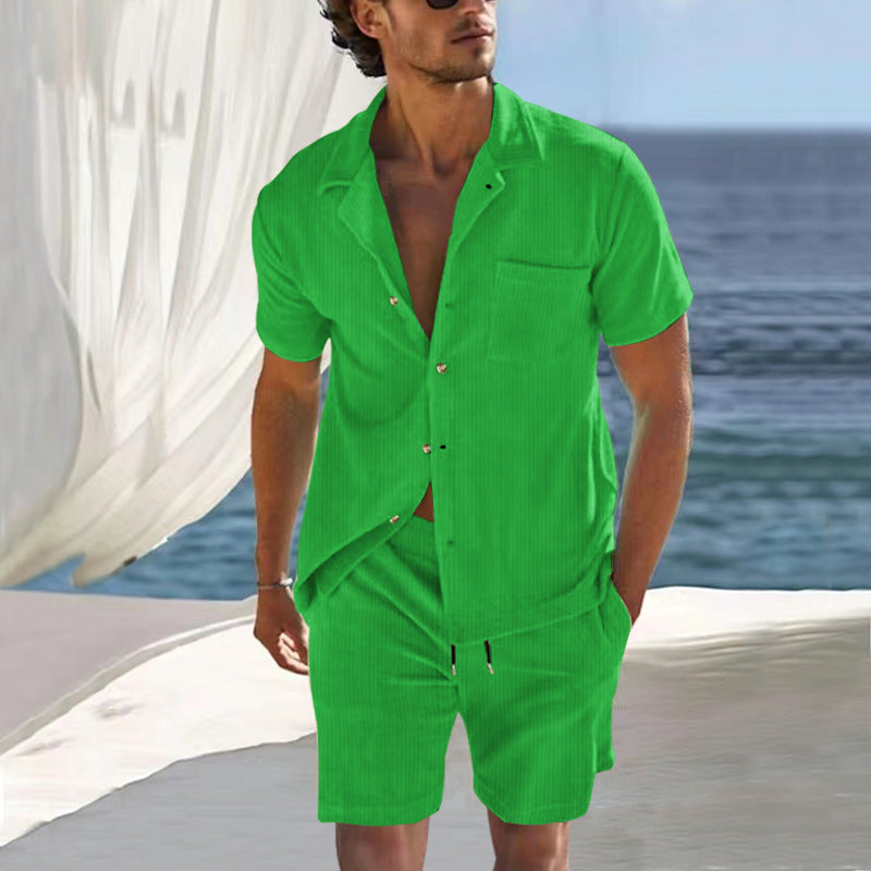 Men's casual linen summer ensemble with open collar shirt and short drawstring pants Mune Fashion