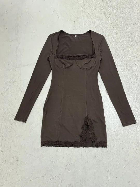 Women’s slim-fitting long sleeve mini dress with corset look, shaped cups, and lace detail Mune Fashion