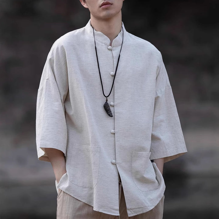 Men's Oversized Shirt in Kimono Style made of Linen-Cotton Mix with Stand-Up Collar Mune Fashion