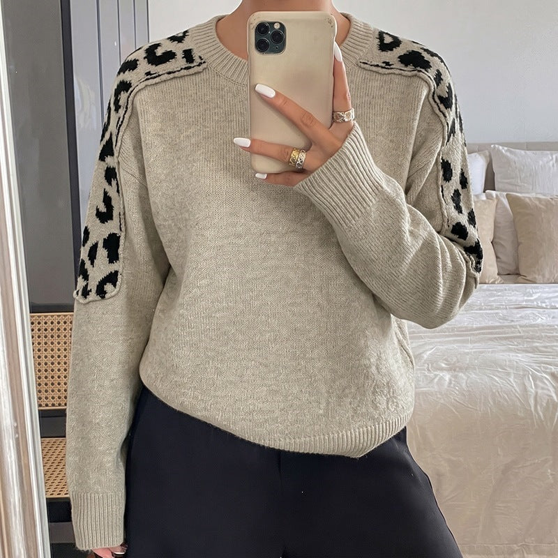 Women's Oversize Knit Sweater with Leo Jacquard Shoulder Inserts Mune Fashion