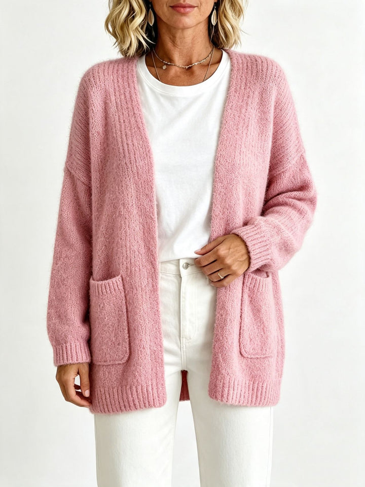 Women's Open Long Cardigan in Mohair Look with Patch Pockets and Dropped Shoulder Mune Fashion