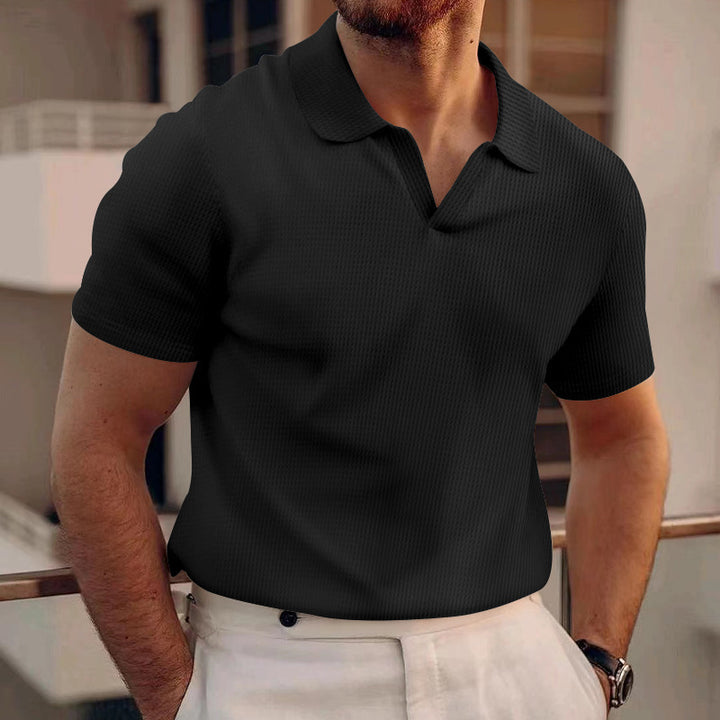 Men's textured collar top with open V-neck and light waffle structure Mune Fashion