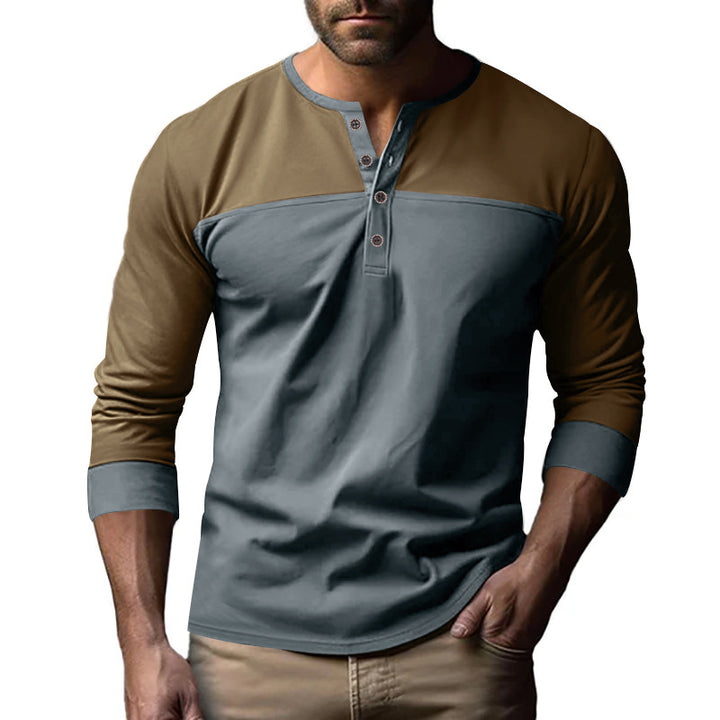 Men's long-sleeved Henley shirt with contrasting yoke, short button placket, and ribbed cuffs Mune Fashion