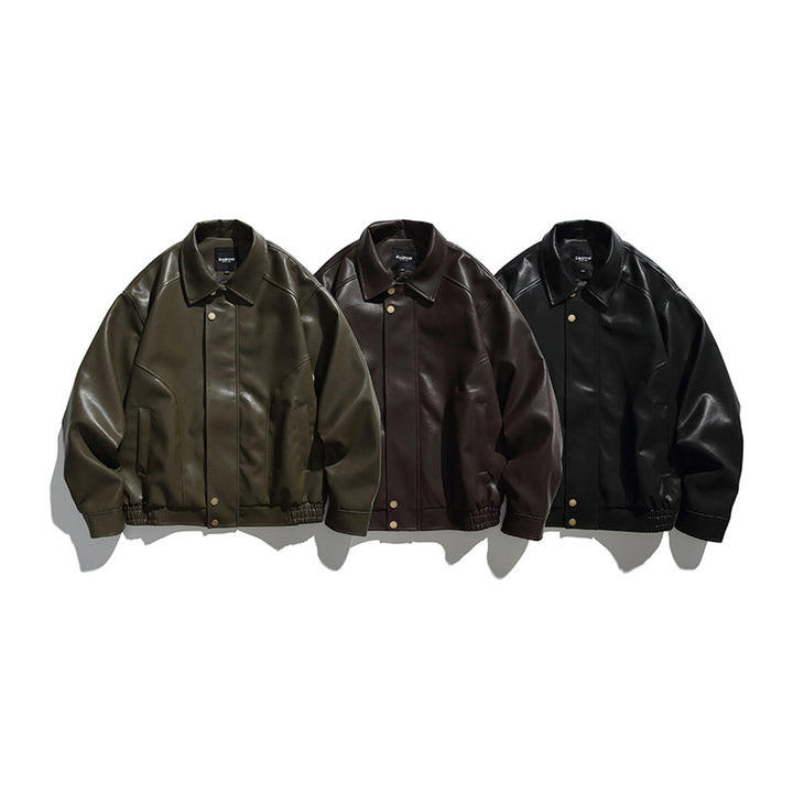Men's Boxy Faux Leather Bomber Jacket with Concealed Snap Placket, Elastic Hem, and Patch Pockets Mune Fashion